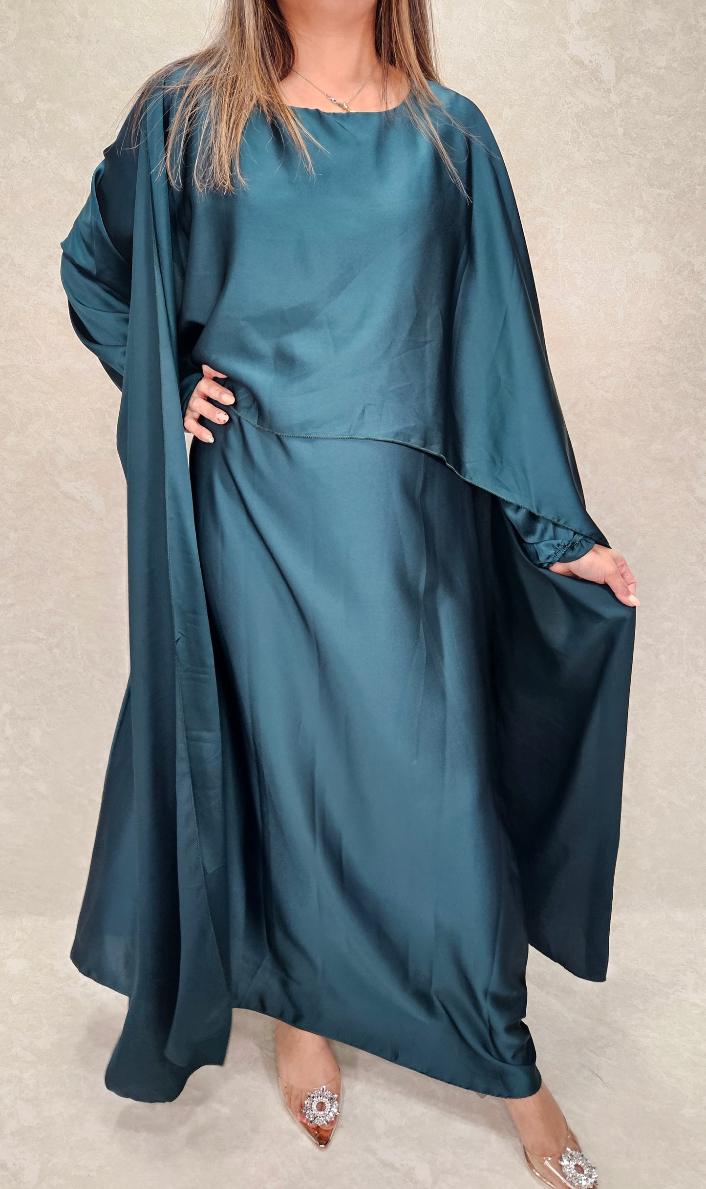 ALIA CAPE SATIN DRESS IN TEAL