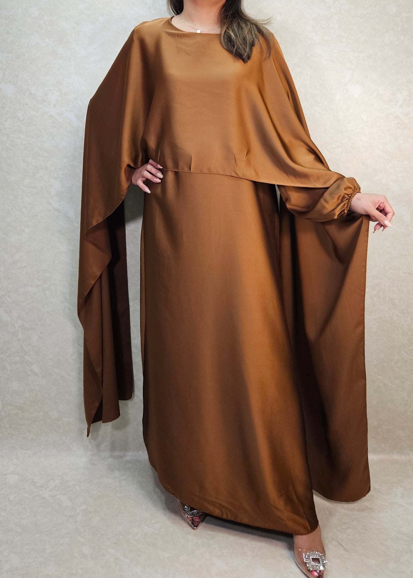 ALIA CAPE SATIN DRESS BRONZE