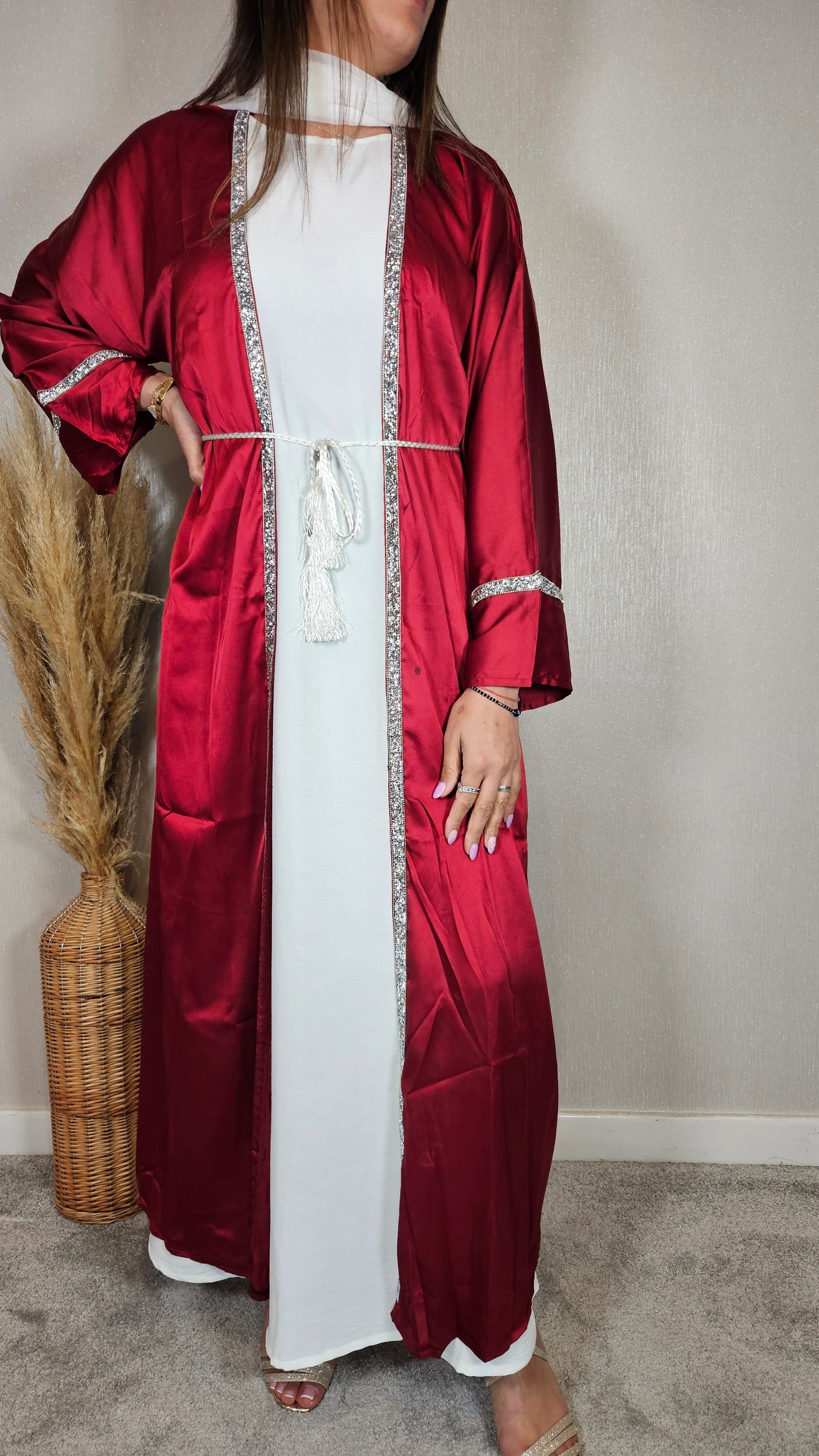 KAIRA EMBELLISHED SATIN ABAYA RED