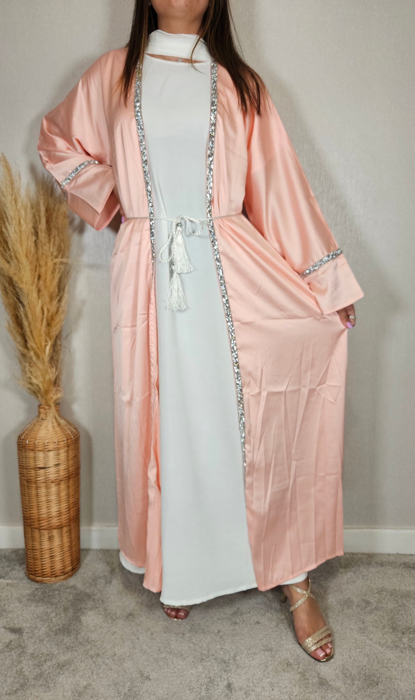 KAIRA EMBELLISHED SATIN ABAYA PINK